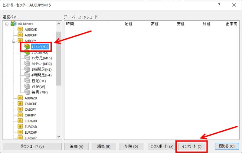 1分足を選択してインポート